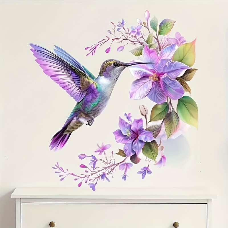 Flower Wall Panel - 1 autocollant fleur violette et colibri,