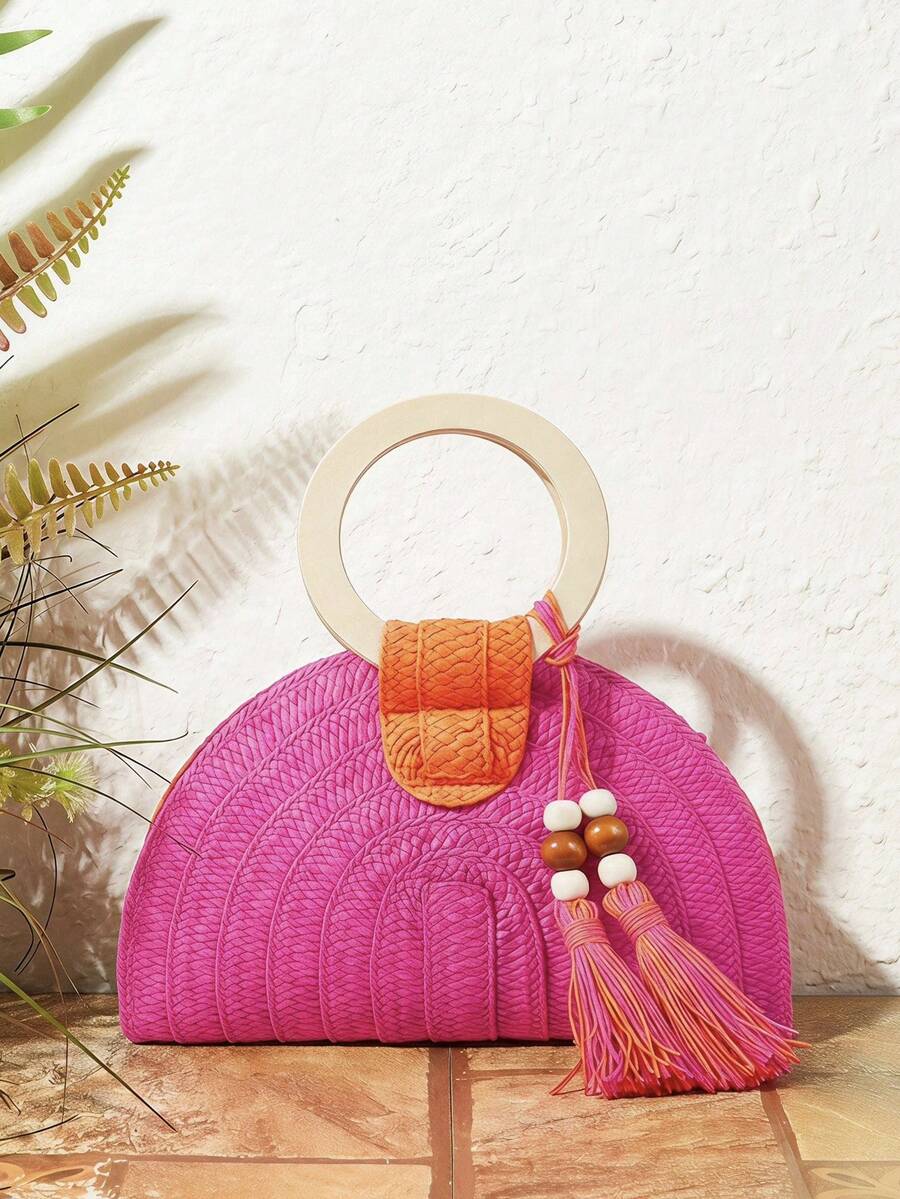 Sac à main rond en bois à deux - Paper Straw Color avis et prix